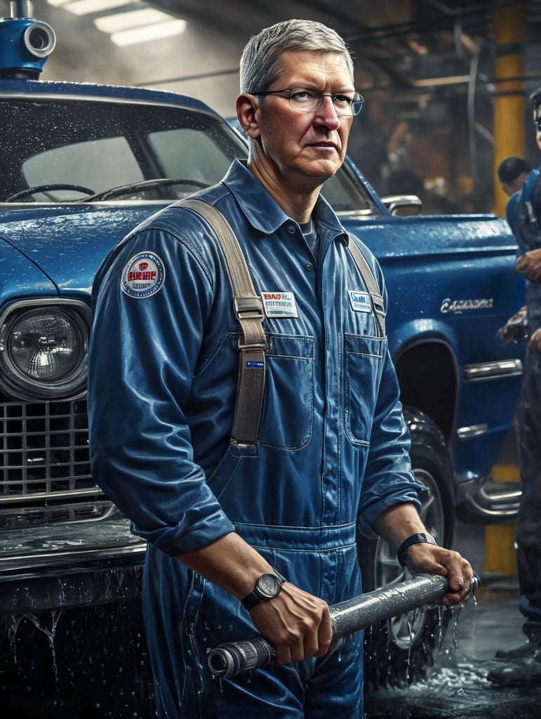 Tim Cook as carwash employee in a blue overall