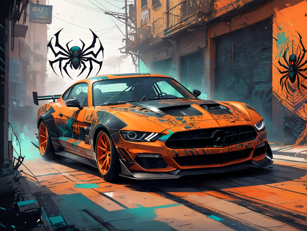 A vector flat illustration of a spooky-themed race car, with stylized skulls, spider webs, and bats painted on its exterior, ready to participate in a Halloween-themed racing event, Vector Flat Illustration, designed with vector graphics software to convey the excitement and competition of Halloween-themed car races,