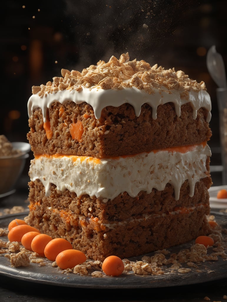 high quality cinematic food explosion, carrot cake