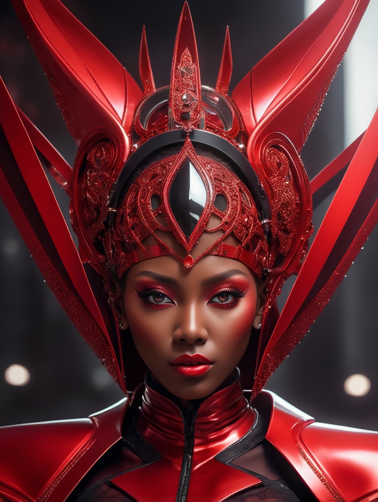 A dark skin black female kpop idol in a all red sleek futuristic outfit, with huge headpiece center piece, clean makeup with oversized red hair, with depth of field, fantastical edgy and regal themed outfit, captured in vivid colors, embodying the essence of fantasy, minimalist
