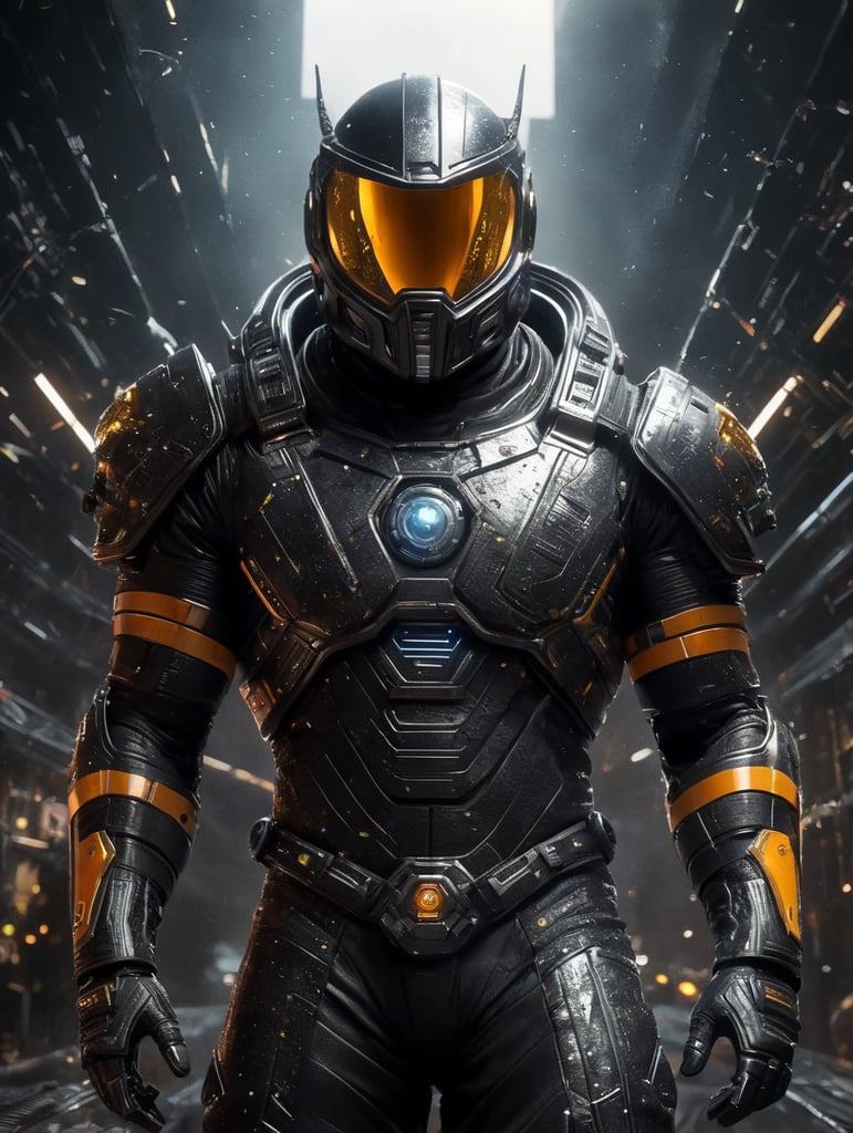 Space Viking, modern space suit style,NO HELEMT, Human face , bigger body size, black portal with with energy light, neon suit, cyber punk, darken, meteorite, spaceship, meteorite rain, energy blast, black suit with black details, with an infinite sign in front
