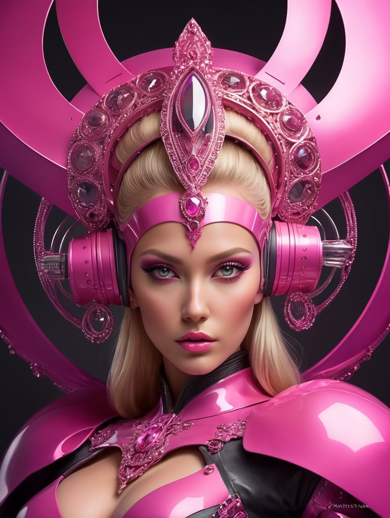 A beautiful blonde female pop artist all pink sleek futuristic outfit, with huge headpiece center piece, clean makeup, with depth of field, fantastical edgy and regal themed outfit, captured in vivid colors, embodying the essence of fantasy, minimalist