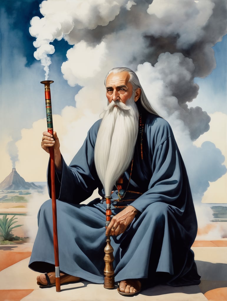 old wizard with a long beard sitting cross-legged, smoking a large hookah pipe with a huge cloud of smoke above him, 0Il lustration, Painting, Oil, Watercolor, Portrait, USA, style of Will Barnet