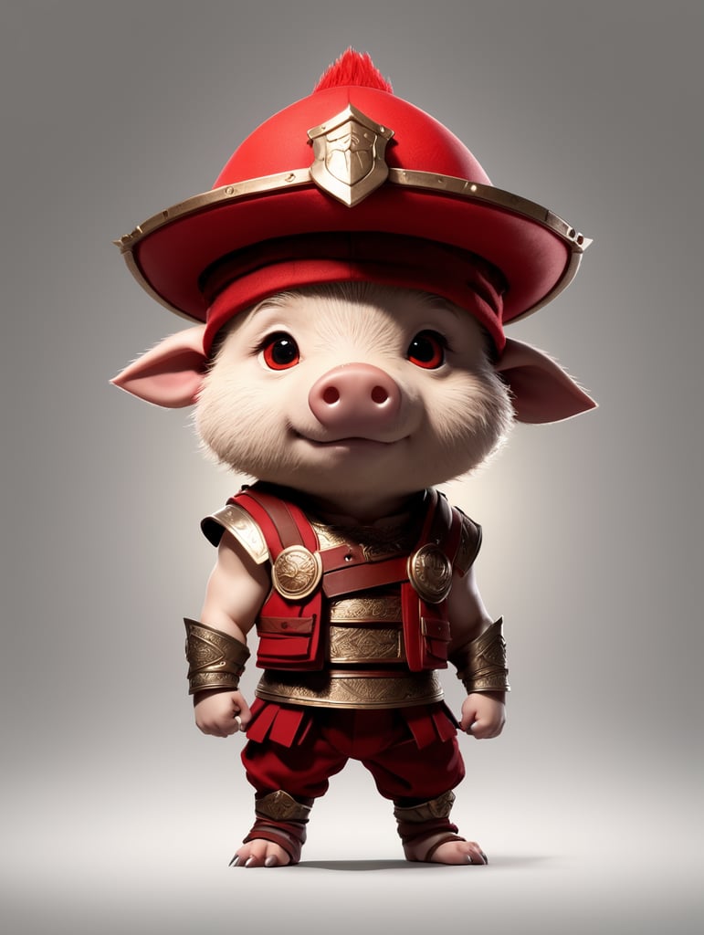 boar, gladiator, hat, simple background, pants, red headwear, vest, chibi, cinematic light