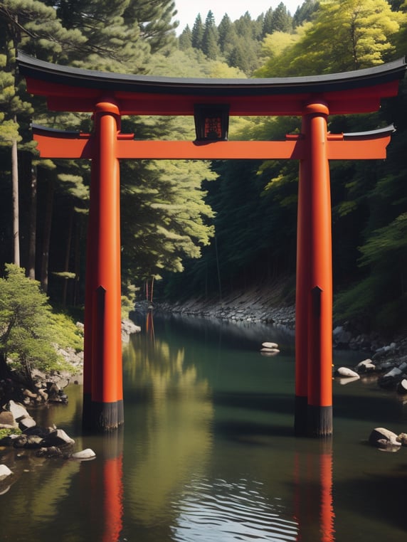 Premium Free ai Images | red torii gate in middle of lake dense forest ...