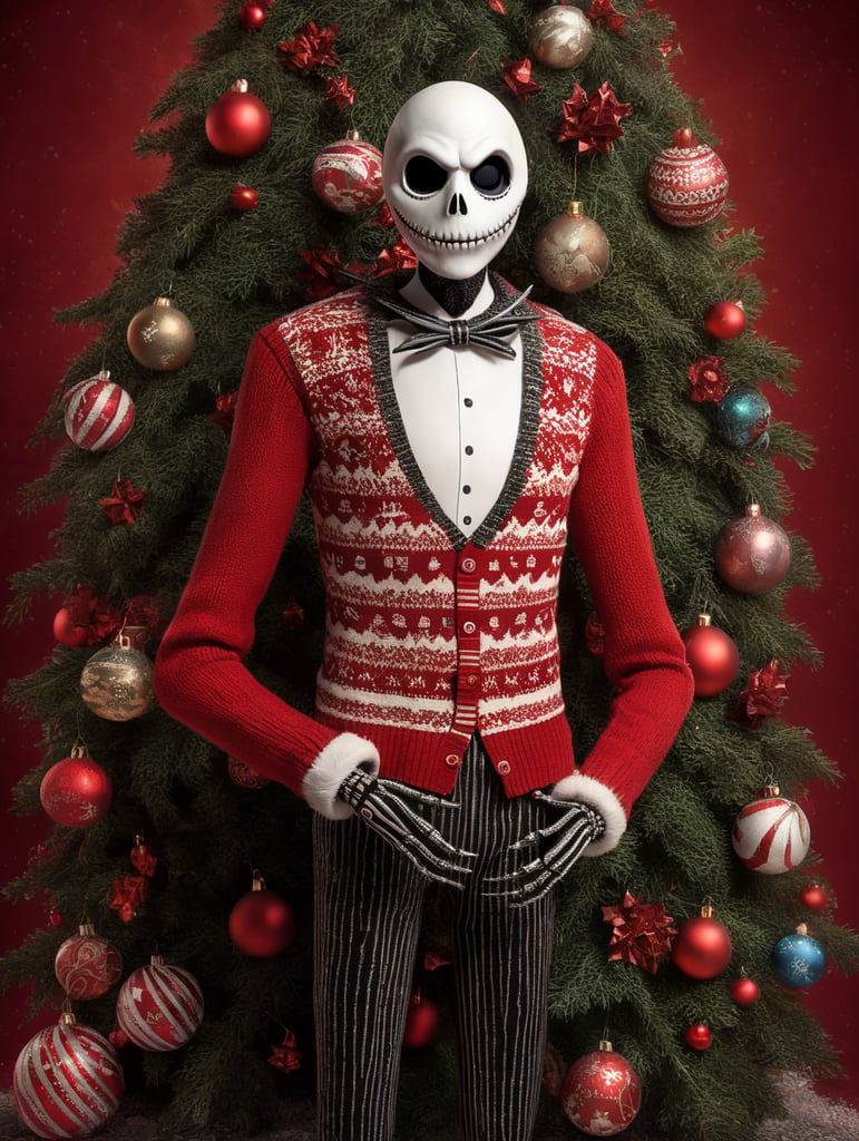 Jack Skellington standing wearing an ugly Christmas sweater red background copy space