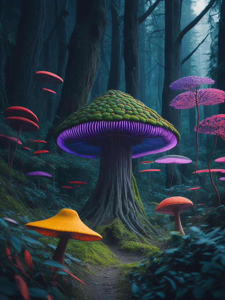 nature, high resolution, very detailed, crowded aliens, weird plants , unrealistic trees, trippy, big colored mushrooms, hallucination, bright colors, surrealism
