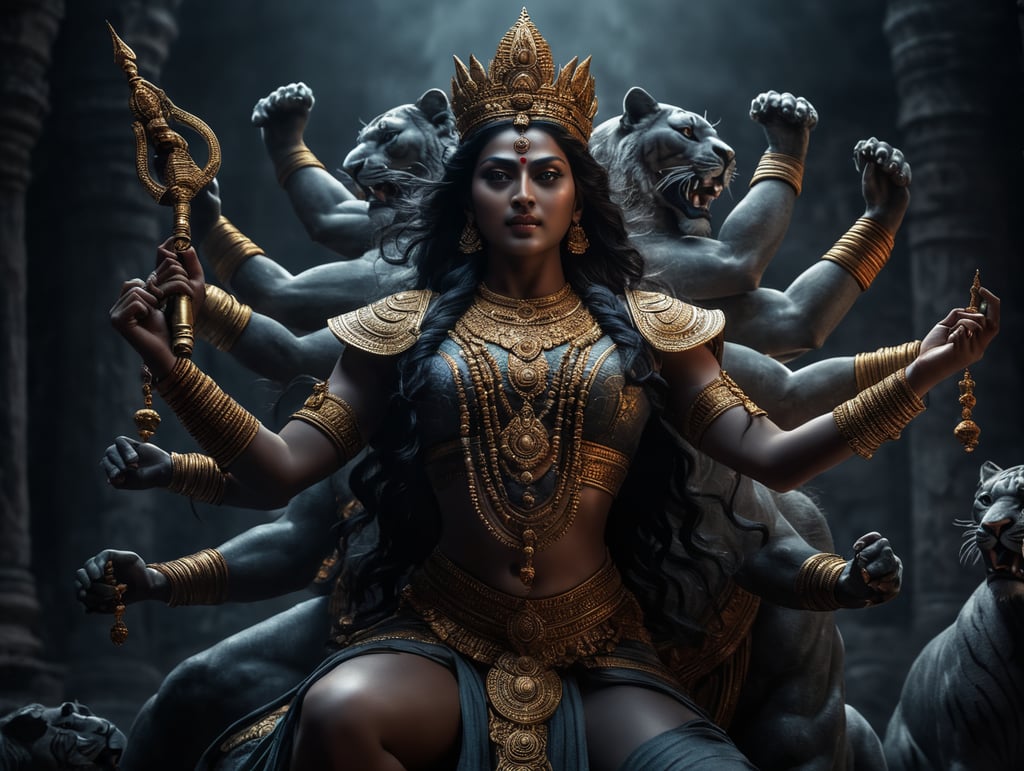 Durga is described as a warrior aspect of Devi Parvati with 8 arms, cloth covering her belly, riding a lion or a tiger, carrying weapons and assuming mudras, or symbolic hand gestures. This form of the goddess is the incarnation of the feminine and creative energy.