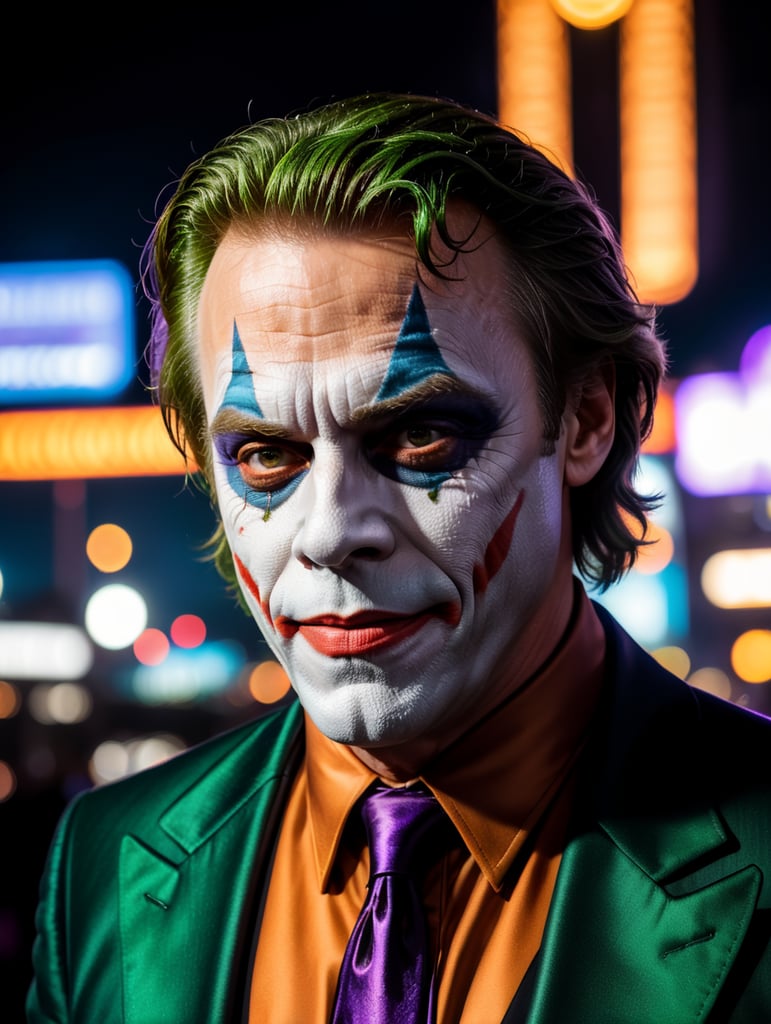 Premium Free ai Images | actor mark hamill dressed as the joker smiling in  classig joker way in the style of the batman animated series with gotham  city at night seen in