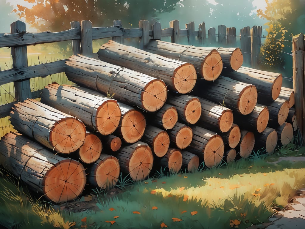 Pile of logs by a fence
