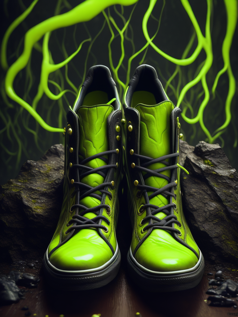 realistic photo of shoes make from dark slime, venom, sci-fi, alien, deep atmosphere, dark, saturation, vibrance, sharp on details
