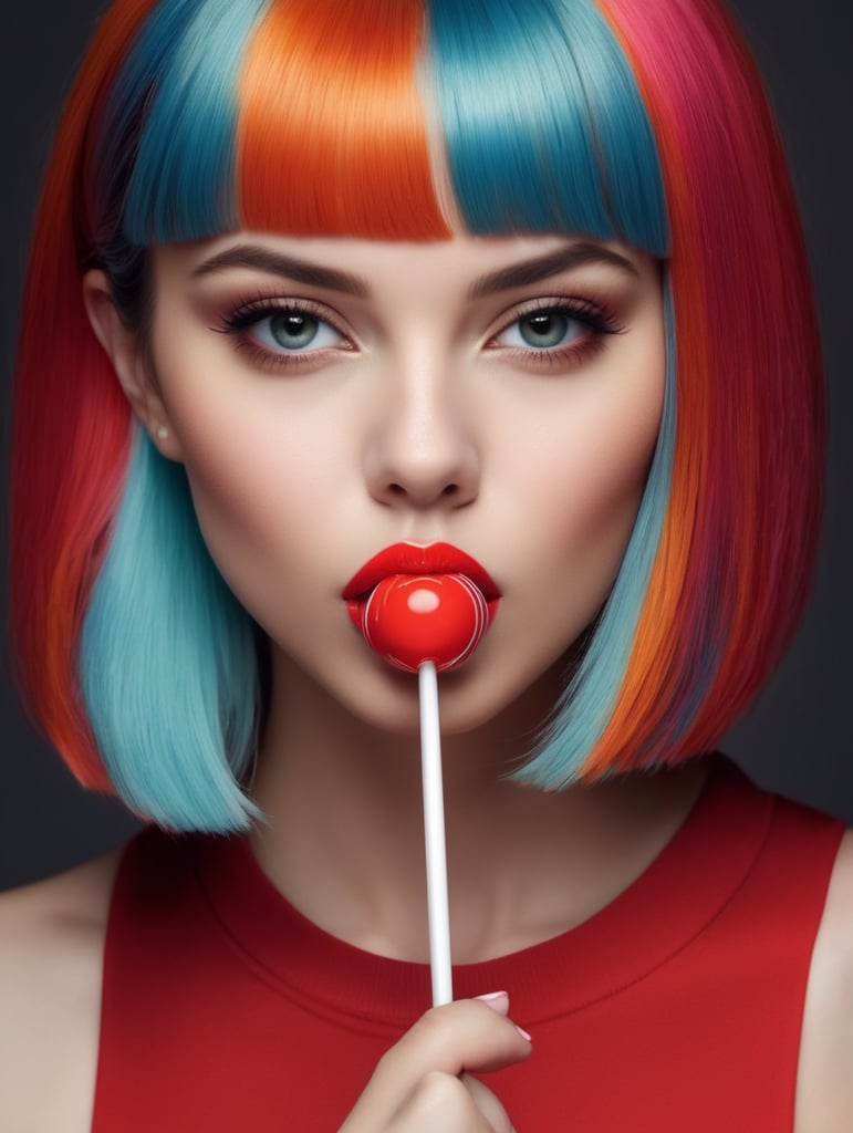 Photography of girl with a lollipop in her lips, face closeup, beauty girl in the style of Mary Quant, Vivid saturated colors, Contrast color, studio photo, professional photo, Rich colors, Detailed image, detailed face