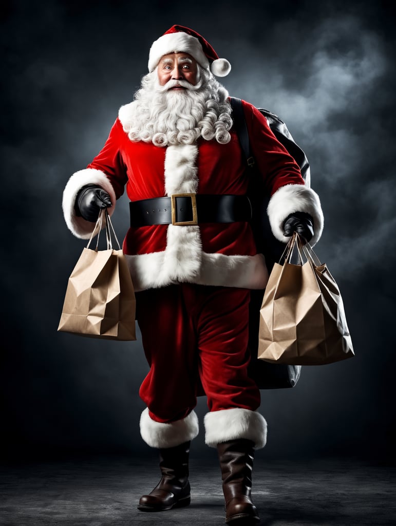 Premium Free ai Images | santa claus in full height holds bag of gifts