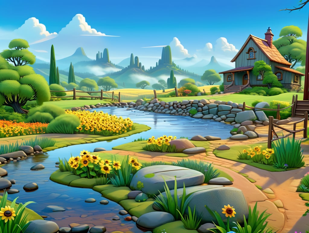 nature landscape, two hills behind of scene one of them dense forest other is stone and desert, lake int he middle of scene, creek coming to point of view, small stone bridge on creek,small waterfall stones of scene's left bottom side, green grasses and colorful flora close to viewer, wooden two story big house on right side on scene with sunflowers on front of it, mud road right bottom side of scene, many hills on fog on background horizon,