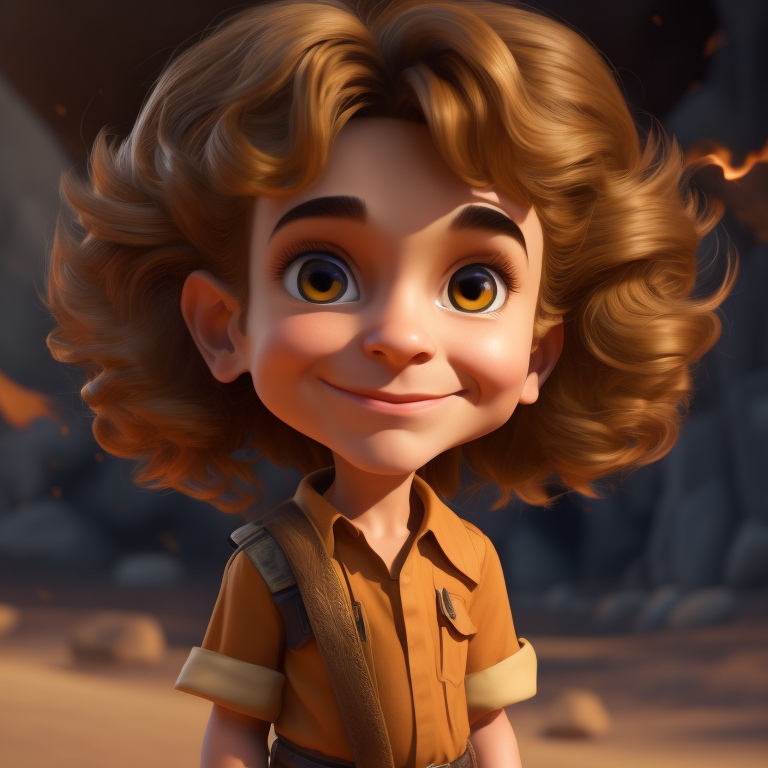 a young boy adventurer similar to Indiana Jones, creative, and kind-hearted person with long, curly blonde hair, big eyes, small nose, and a smiling mouth, standing centered in 3D style, rendered using beautiful Disney animation, Pixar style, Disney style, 3D style