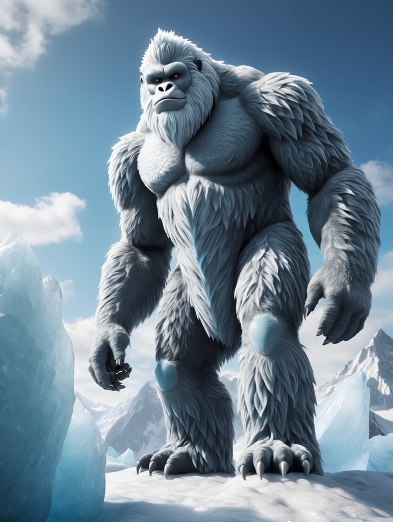 Glacial yeti description the glacial yeti is a towering ice creature that glistens with frost in 8k detail, watch as ice crystals form and shatter realistically as it moves through its frigid habitat