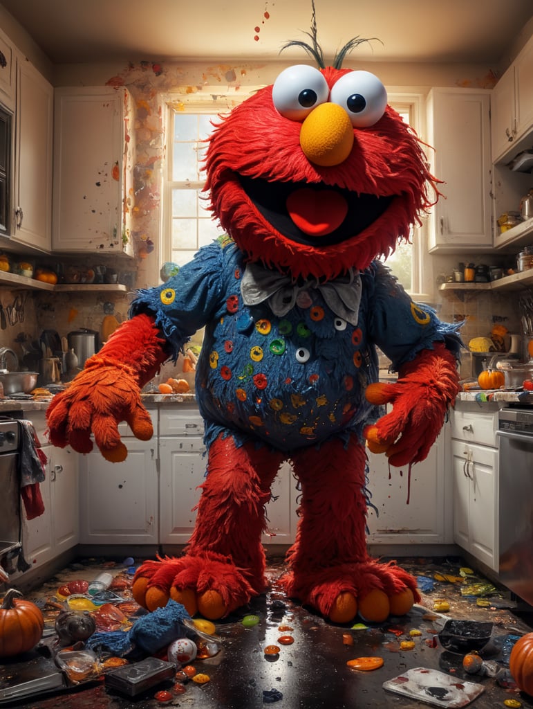 Premium Free ai Images | tickle me elmo in the kitchen with big birds head  in his hands messy makeup and messy hair halloween costume vivid saturated  colors highly detailed contrast colors