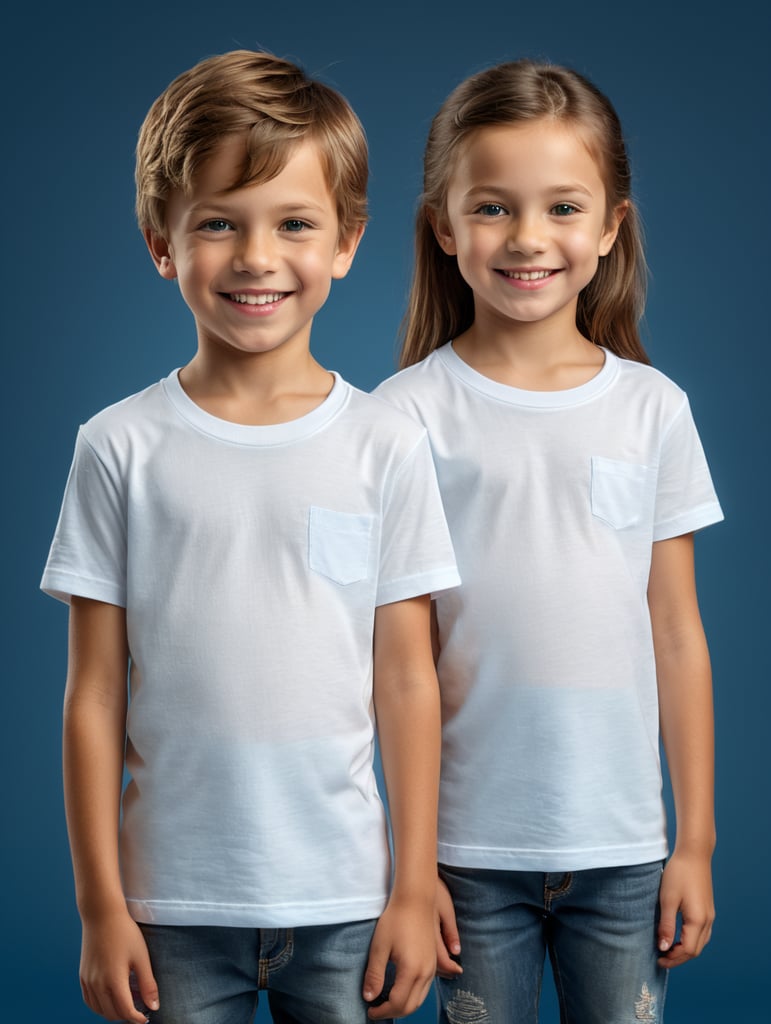 Premium Free ai Images  boy and girl wearing white shirts standing in  front of blue background blank shirts no print years old smiling toddlers  photo for apparel mock up