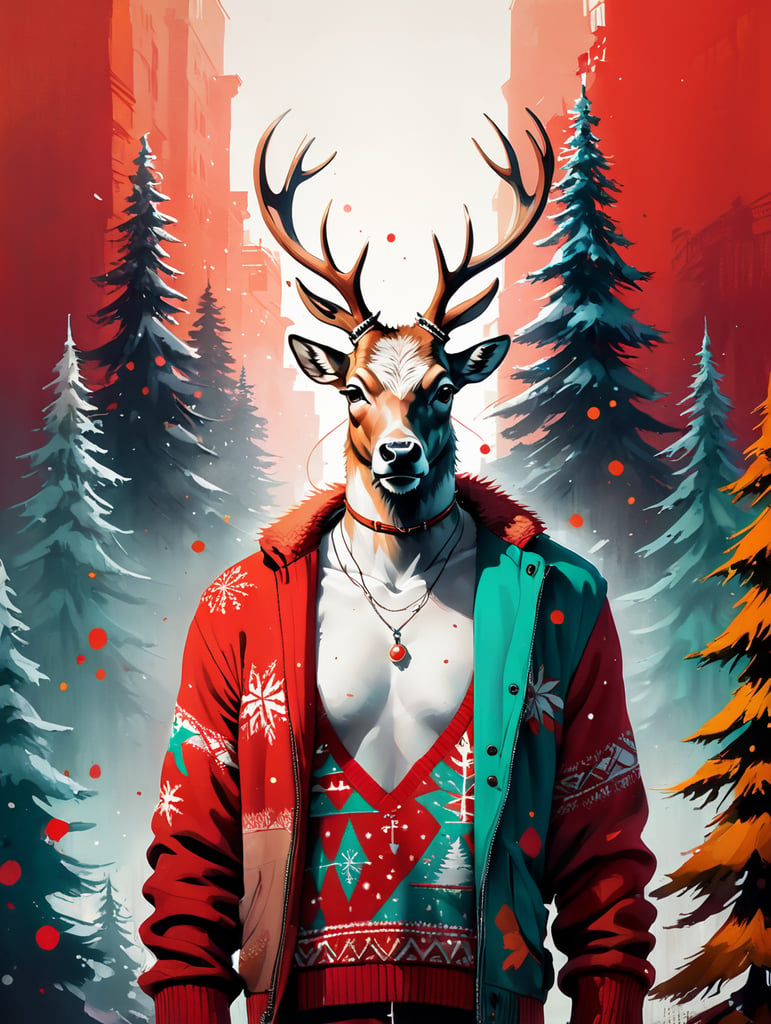 Rudolph the reindeer standing wearing an ugly Christmas sweater red background