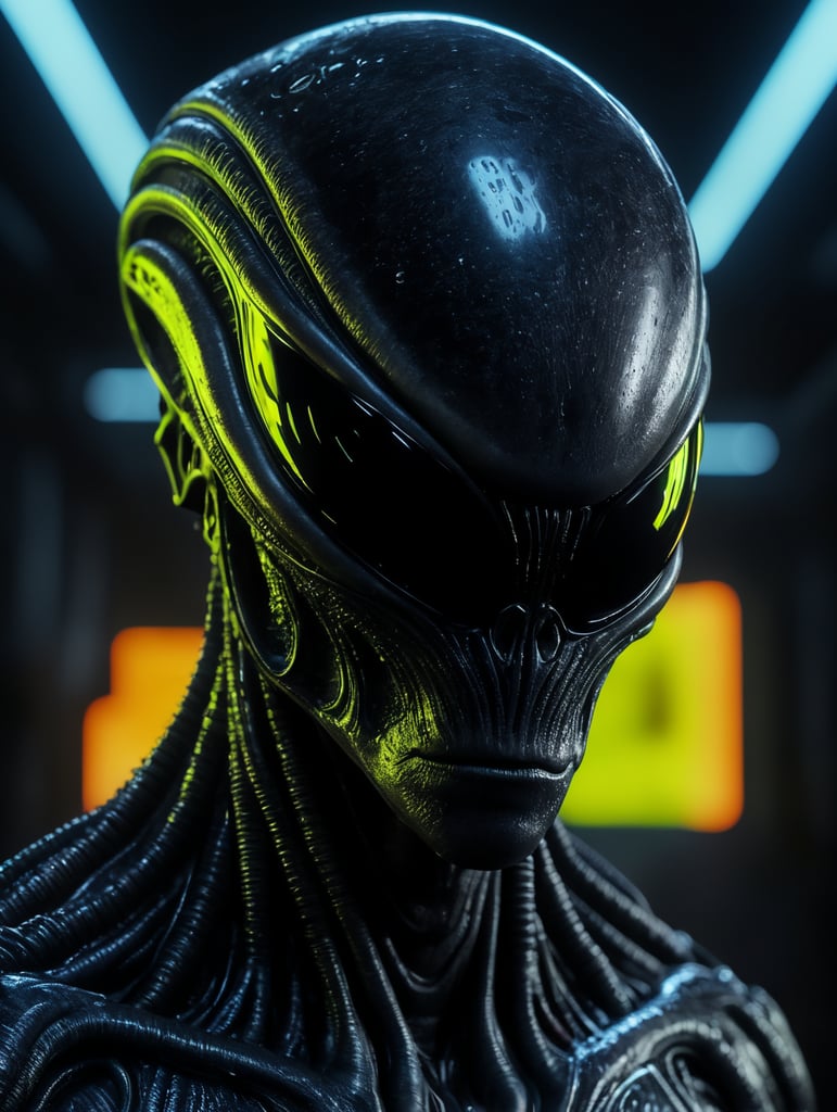 Alien made of black alien liquid, translucent with neon lights, liquid dripping, dark atmosphere