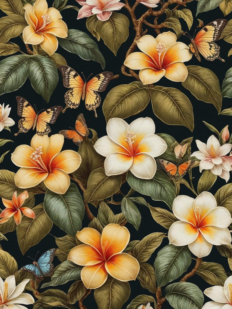 Oriental luxury floral patterns in the style of Balinese and Peranakan culture::1 trailing blousy Frangipani blooms::1.25 fabric [1 butterfly flying on a tree, Frangipani, botanical mango leaves, oriental floral] prints::5 opulent florals with an Indienne twist::olive colour:1 ostentatious feminity::1 repeating seamless pattern::4 patternbank::1 wide angle::2::flemish baroque::rococo --no watermark, text --v 4