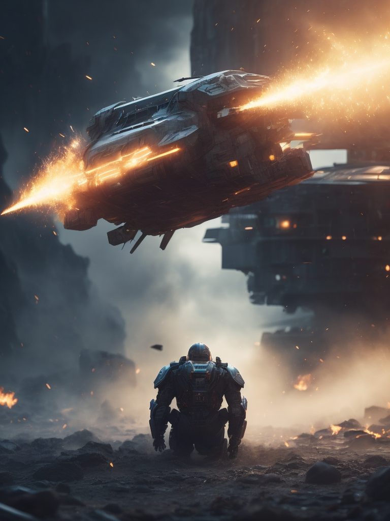 Illustrate a futuristic sci-fi battle scene with advanced technology and epic explosions