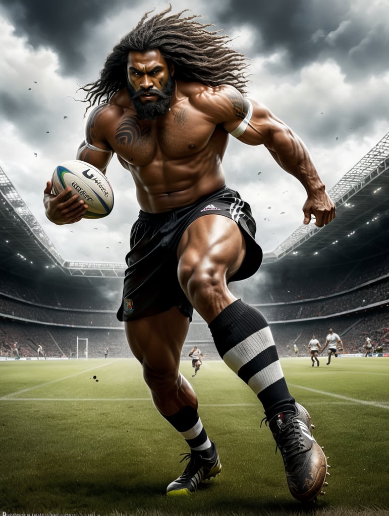 Premium Free ai Images | fijian warrior with long hair wearing black shorts  white nike jersey rugby boots with long white and black stripe socks  running with rugby ball in his hand
