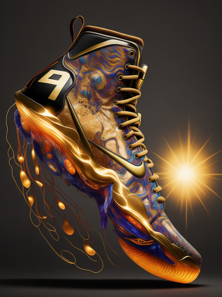 A stunning interpretation of nike sexy shoe sneaker, made of jellyfish, advertisement, solar-punk, highly detailed and intricate, golden ratio, very colourful, ornate, luxury. Bright colours, high contrast,