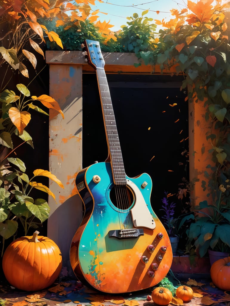 Backyard pizza garden, guitar made of plants, colorful autumn theme