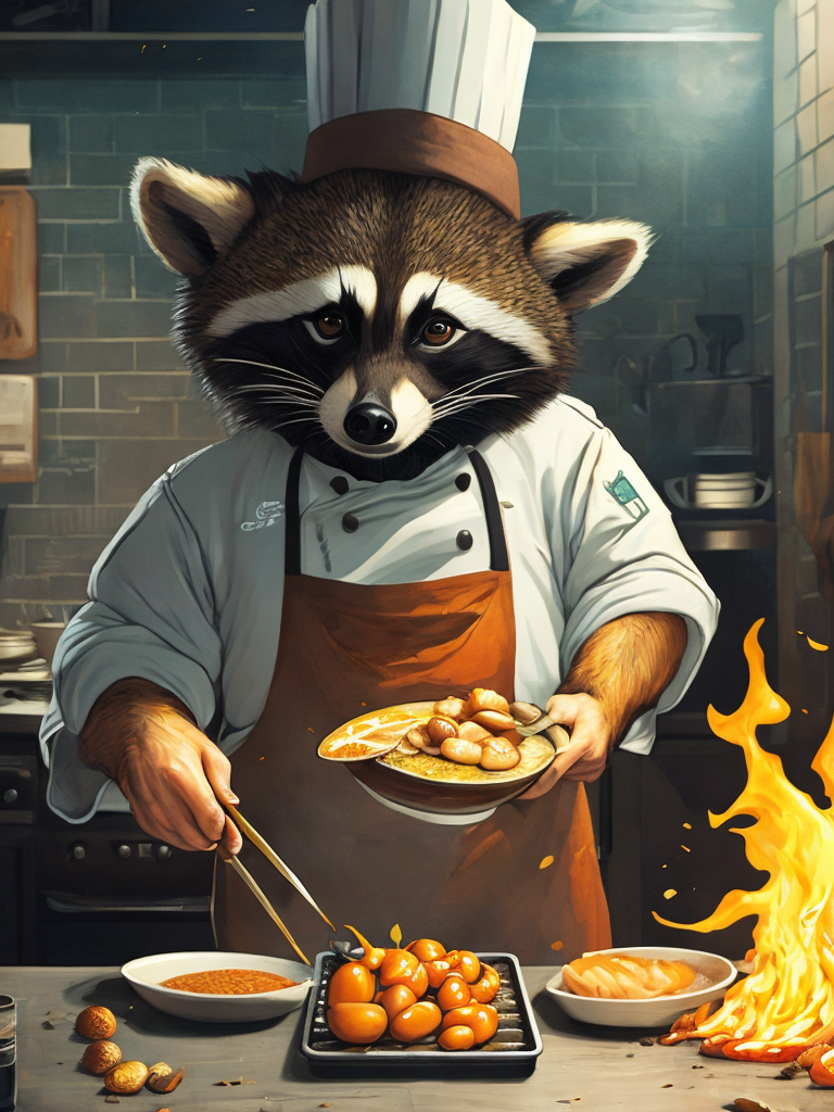 Lumenor AI Image Generation - chef racoon cooking scallops wearing chef ...