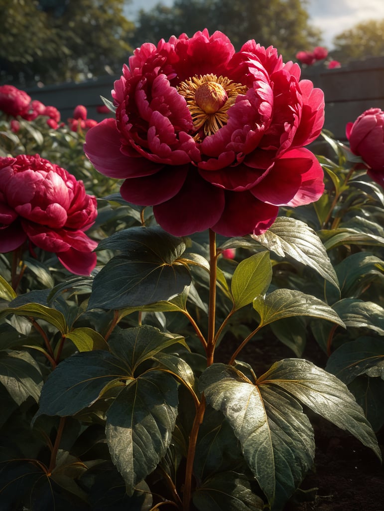 red peony with golden leaves on a flower bed