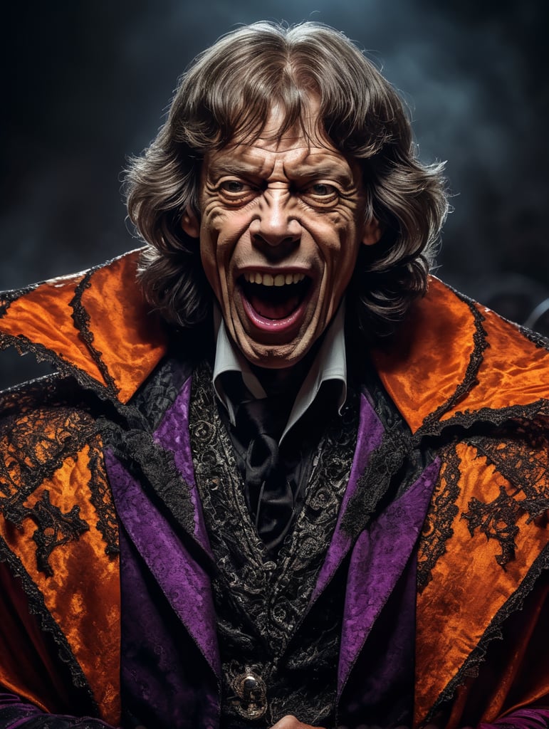 Mick Jagger as a creepy evil character wearing spooky Halloween costume, Vivid saturated colors, Contrast color