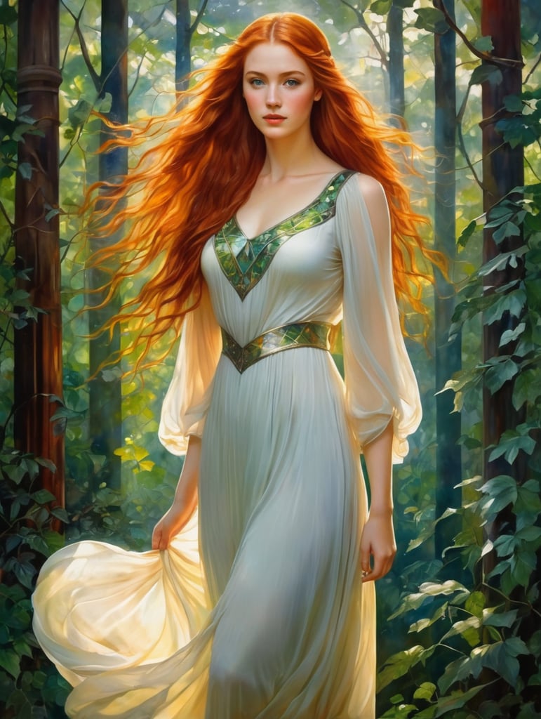A red-haired young beautiful girl with long hair and a light dress against the backdrop of a dense forest, painting, oil, water color, Gouache, Stained Glass, style of Edward Burne-Jones