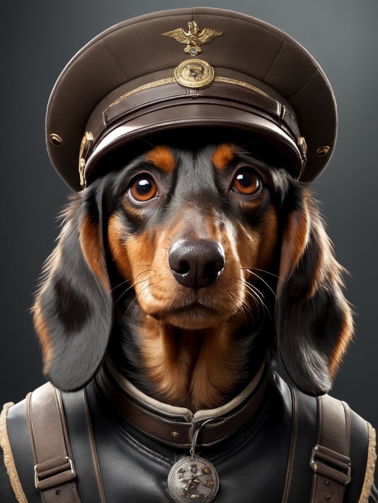 create an image of an old long hair Dachshund dog. The dog is black and brown with a face that has gone grey from age. His ears are brown and the top of his head is brown. his body is black. Portrait style. He is wearing a captians aviation hat.
