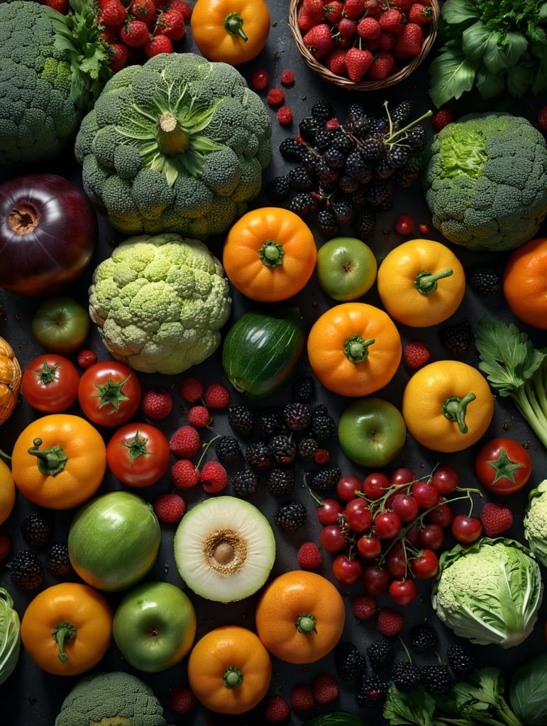close up shot from above, vegetables, fruits, berries
