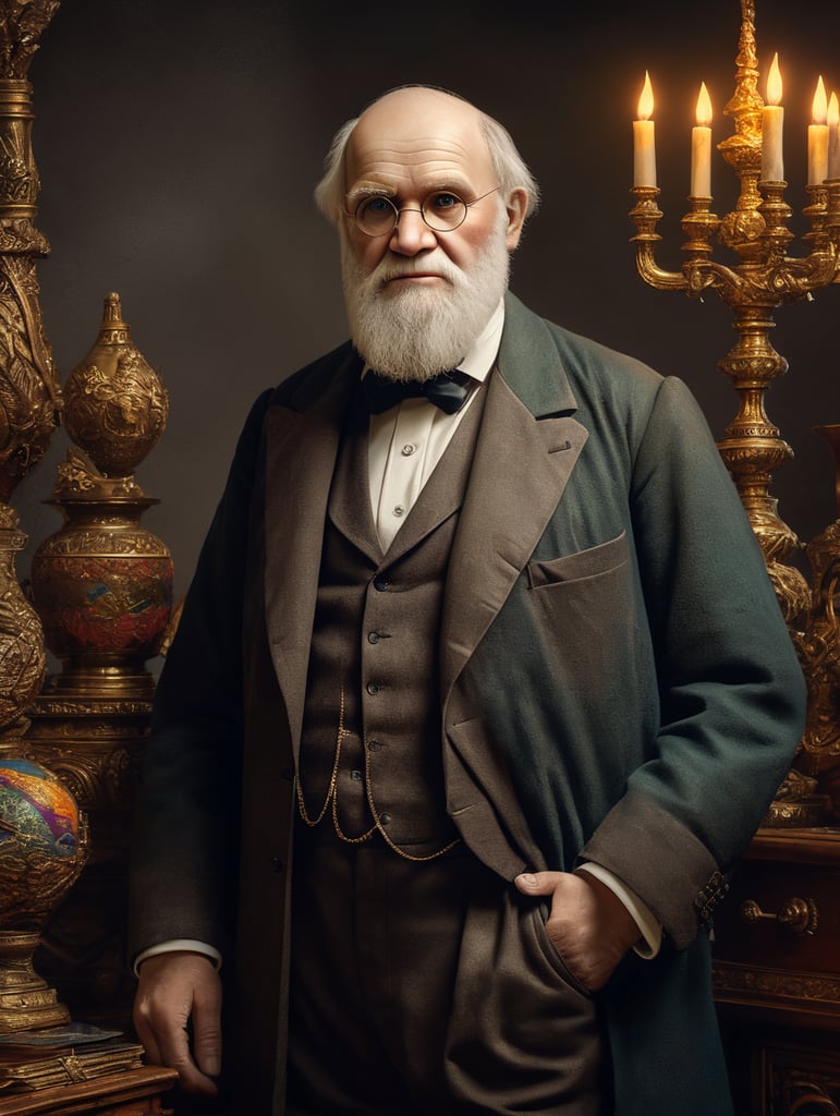 standing centered Portrait of Charles Darwin, bright and saturated colors, highly detailed, sharp focus, Bright expressive, Dramatic Lighting, Depth of field, Incredibly high detailed, on a white background