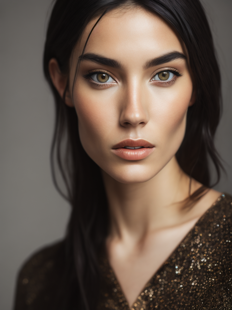 A photo close-up of a beautiful black haired woman with freckles, fashion editorial, studio photography, magazine photography, pointed nose, blurry background