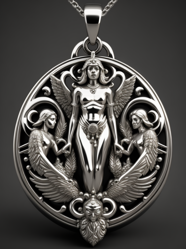 Intricately detailed 3d render of a highly stylized, sterling silver, pendant with the likeness of three angels in the design. art nuevuo, art deco, exquisitely beautiful, exotic, magical