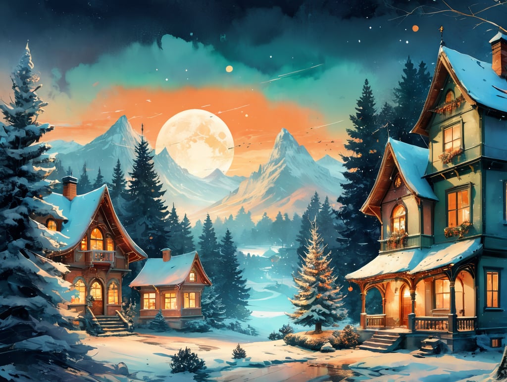 christmas card, santa claus in the foreground, christmas tree, fairytale houses, atmosphere of christmas and joy, sky strewn with stars. the postcard was made in the 60s