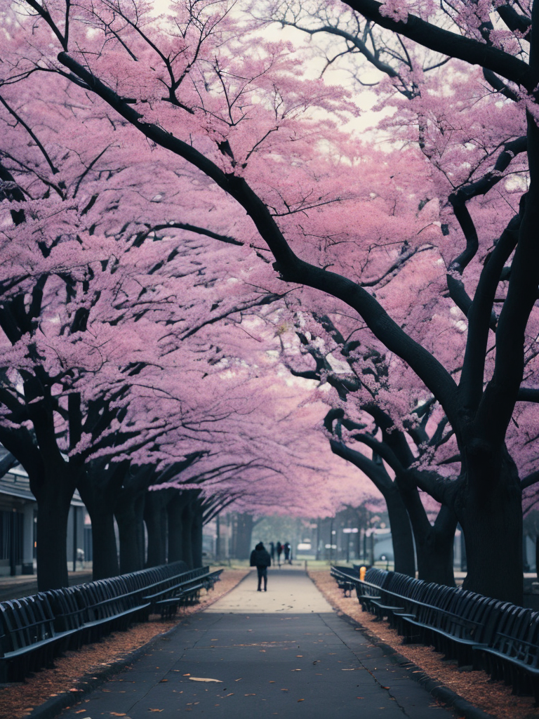An album cover, sakura trees, asian style, bench on center, watercolor