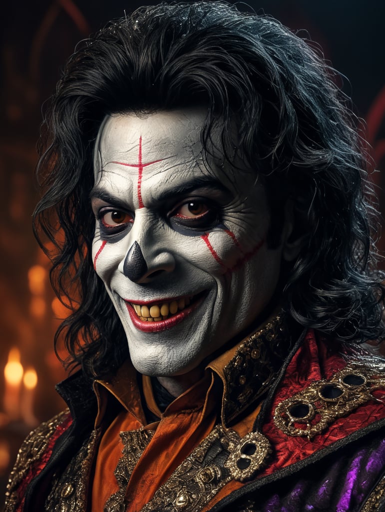 Old Michael Jackson as a creepy evil character wearing spooky Halloween costume, evil smile, creepy nose, Vivid saturated colors, Contrast color