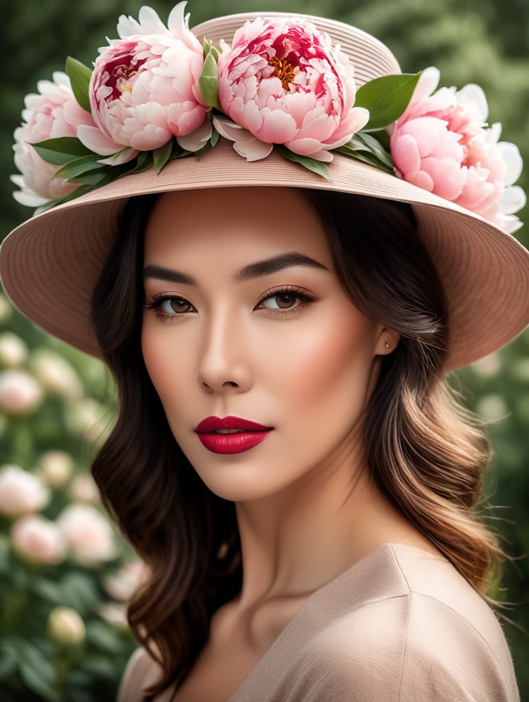 a hat with peonies on a woman's head