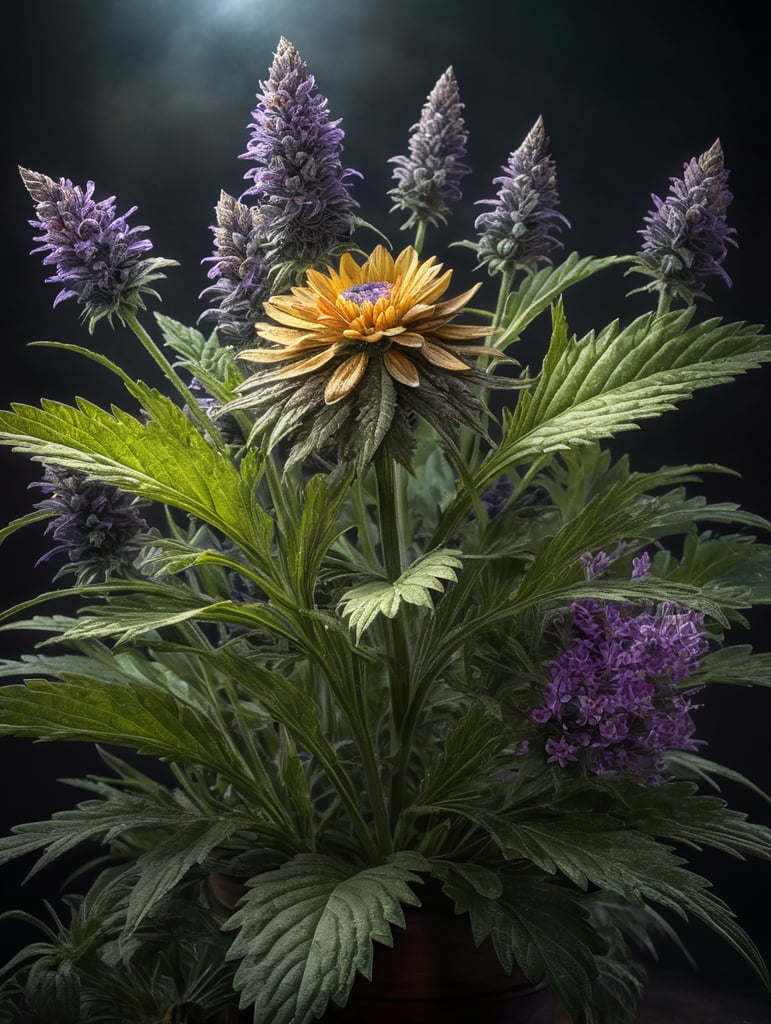 cannabis plant with colorful daisy's and lavender coming out of it
