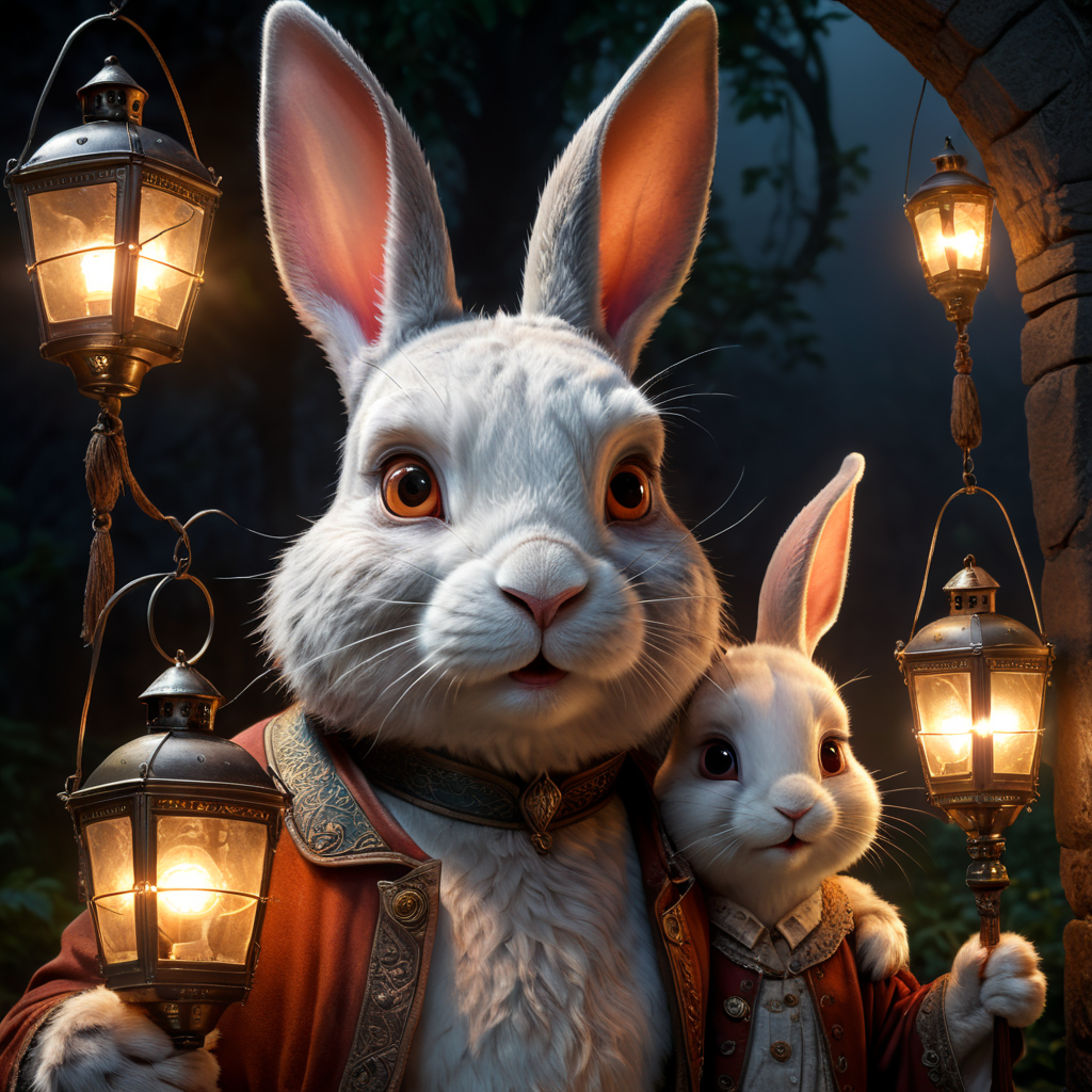 A handsome rabbit-father with a beautiful human-mother. Their children are half breed human-rabbit. Their children face are human head, rabbit ears, rabbit nose. They are playing with lantern.