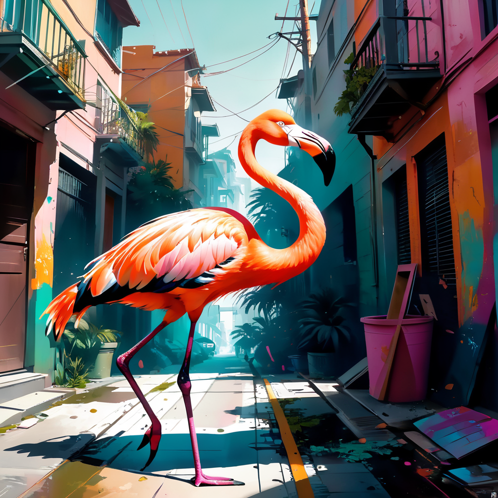 a flamingo running through the neighborhood while listening to music