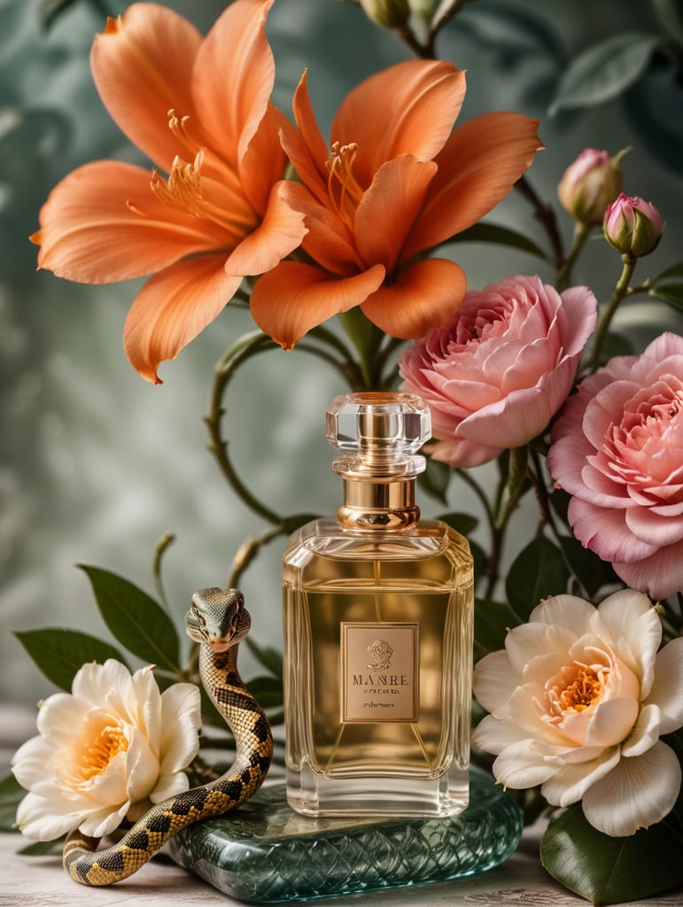 Perfume with a store snake around the bottle