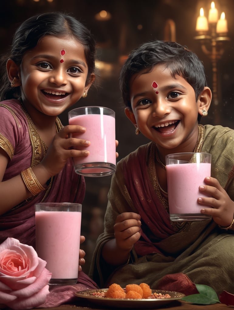an 2 Indian kids drinking rose milk with happy face