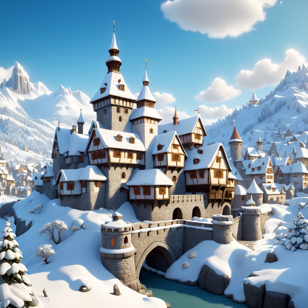 3d Snowy Winter medieval fantasy city