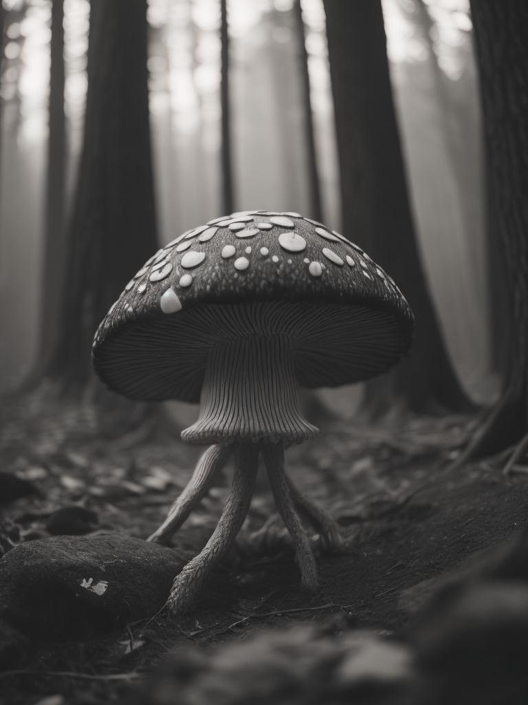 mushroom monster, black and white illustration, horror style, forest on the background, no blur, sharp focus, cinematic lighting, epic scene