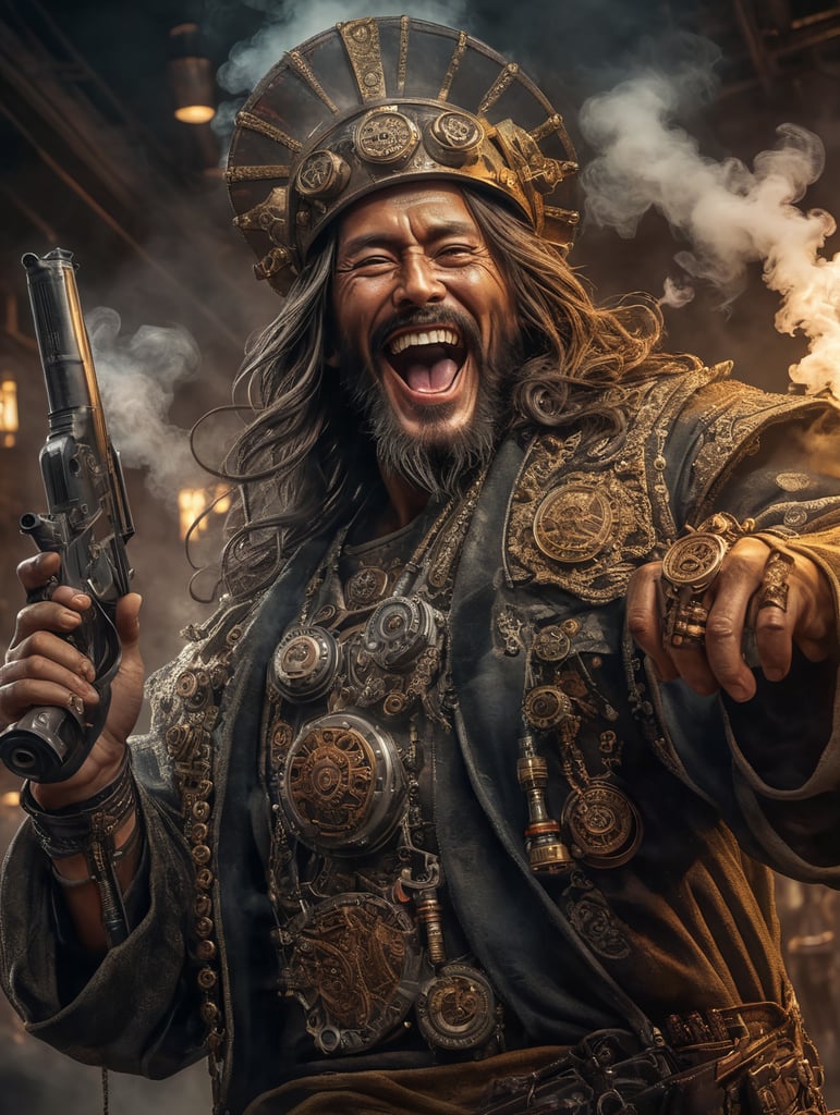 Japanese Jesus Christ with steam punk features holding a smoking gun laughing sinister